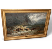 Tableau "Gué avec vaches et chevaux" par HUMBERT