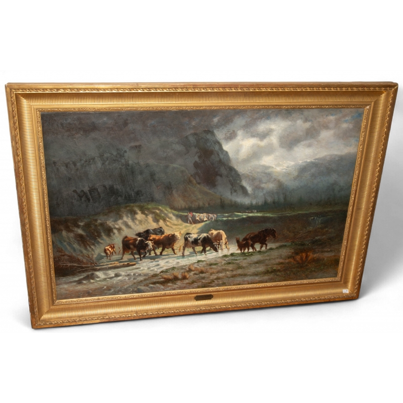 Tableau "Gué avec vaches et chevaux" par HUMBERT