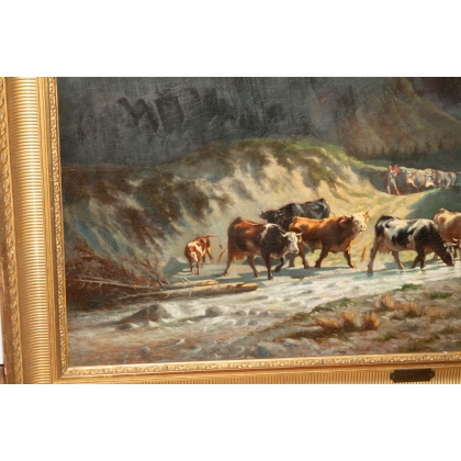 Tableau \"Gué avec vaches et chevaux\" par HUMBERT