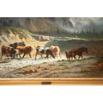 Tableau \"Gué avec vaches et chevaux\" par HUMBERT