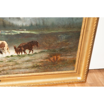 Tableau \"Gué avec vaches et chevaux\" par HUMBERT