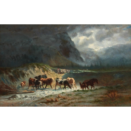 Tableau \"Gué avec vaches et chevaux\" par HUMBERT
