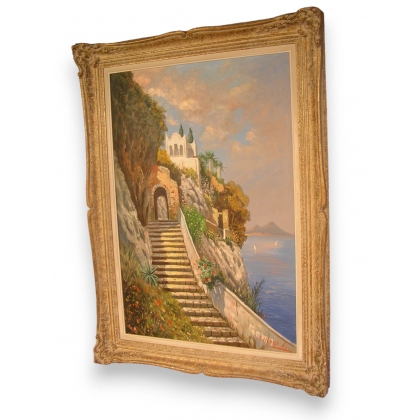 Grand tableau huile sur toile \"Vue de Capri\"