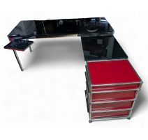 Bureau d'angle USM verre et caisson rouge