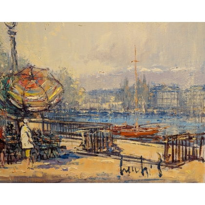 Tableau \"Quai du Mont-Blanc\" signé CECCHI