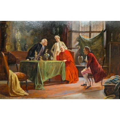 Tableau \"Visite du cardinal\" signé A. KNOOP