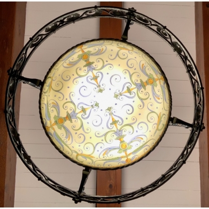 Lustre en fer forgé à deux coupelles en opaline