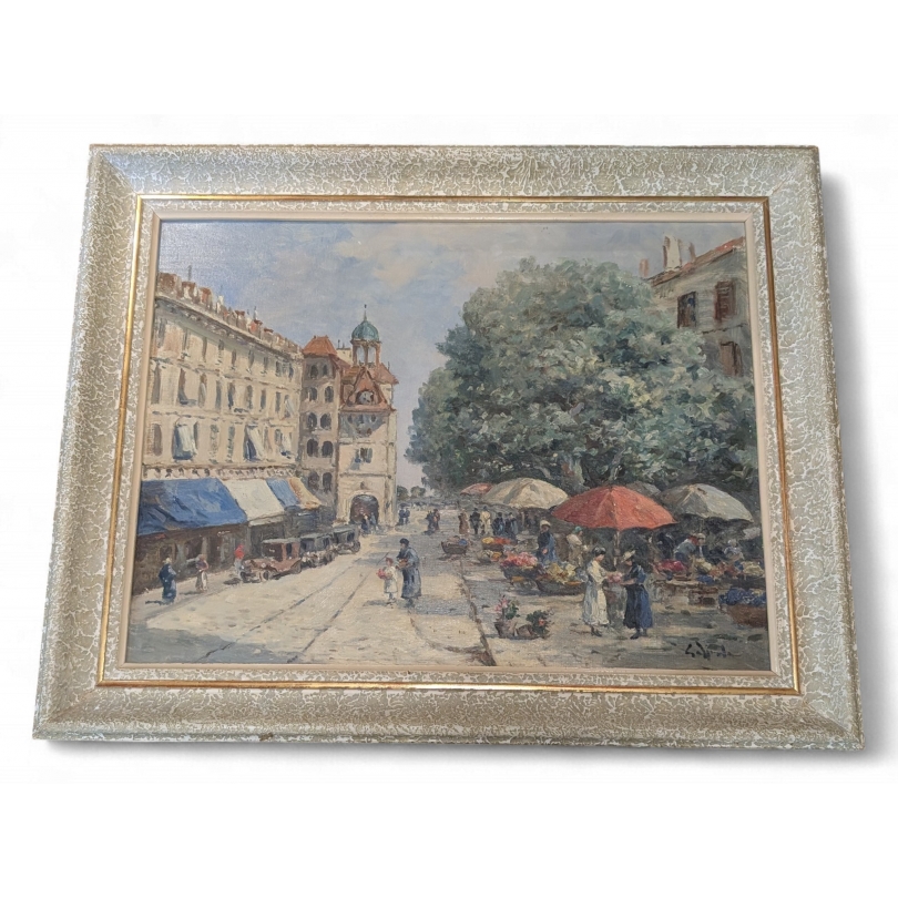 Tableau "Place du Molard" signé G. DJAKELI
