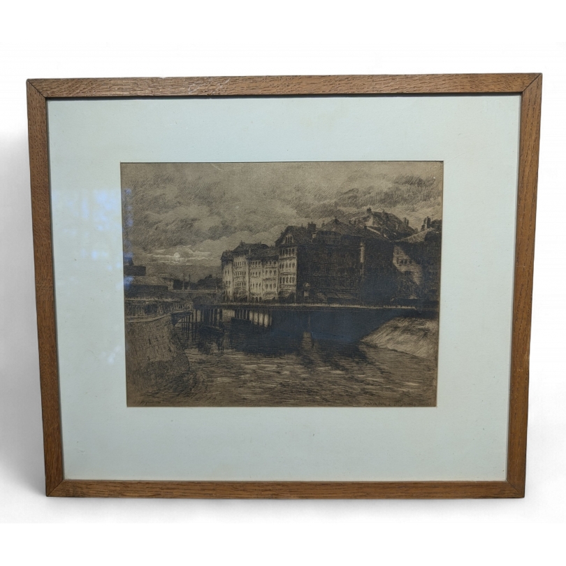 Gravure "Bords du Rhône" signée J. MÉGARD 1910