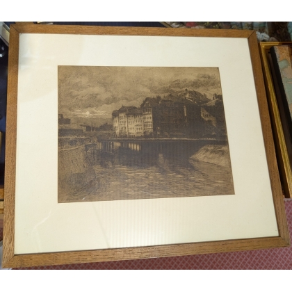 Engraving entitled ‘Bords du Rhône’, signed J. MÉGARD, 1910