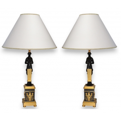  Paire de lampes en bronze doré patiné sur  Moinat SA  - Antiquités décoration