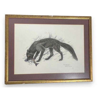 Encre de Chine "Loup et saumon" signée G. BRESSLER