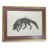 Encre de Chine "Loup et saumon" signée G. BRESSLER