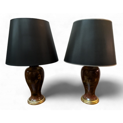 Paire de lampes en céramique émaillée rouge