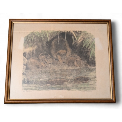 Engraving entitled ‘Beaver Family’, signed by Robert HAINARD