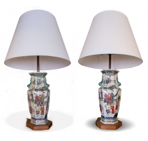 Paire de vases hexagonaux famille verte, lampes