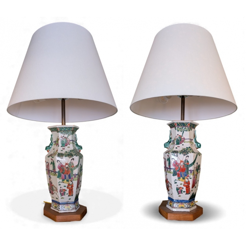 Paire de vases hexagonaux famille verte, lampes