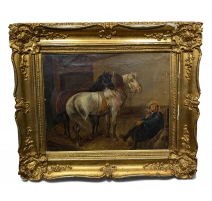 Tableau "A l'écurie" signé AK