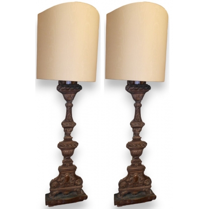  Paire de lampes en bois et laiton sur  Moinat SA  - Antiquités décoration