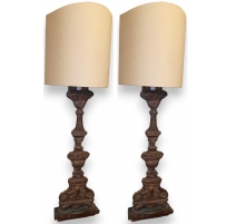 Paire de lampes en bois et laiton