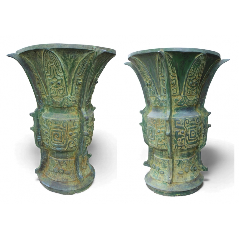 Paire de cache-pots ronds en bronze vert