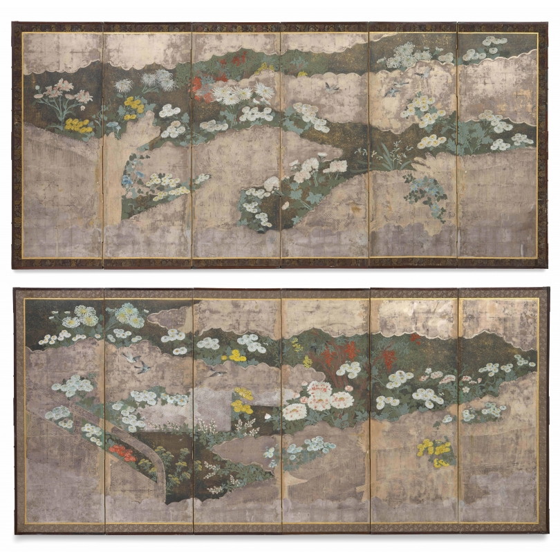 Paire de paravents peints Byobu