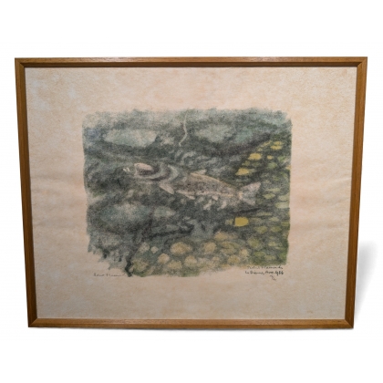 Engraving entitled ‘Trout Taking Bait’, signed HAINARD