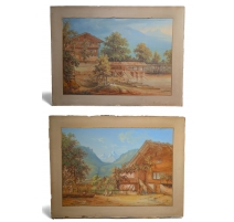 Paire de gouaches "Paysage de montagnes".