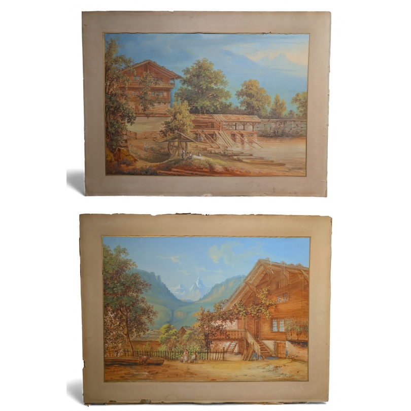 Paire de gouaches "Paysage de montagnes".