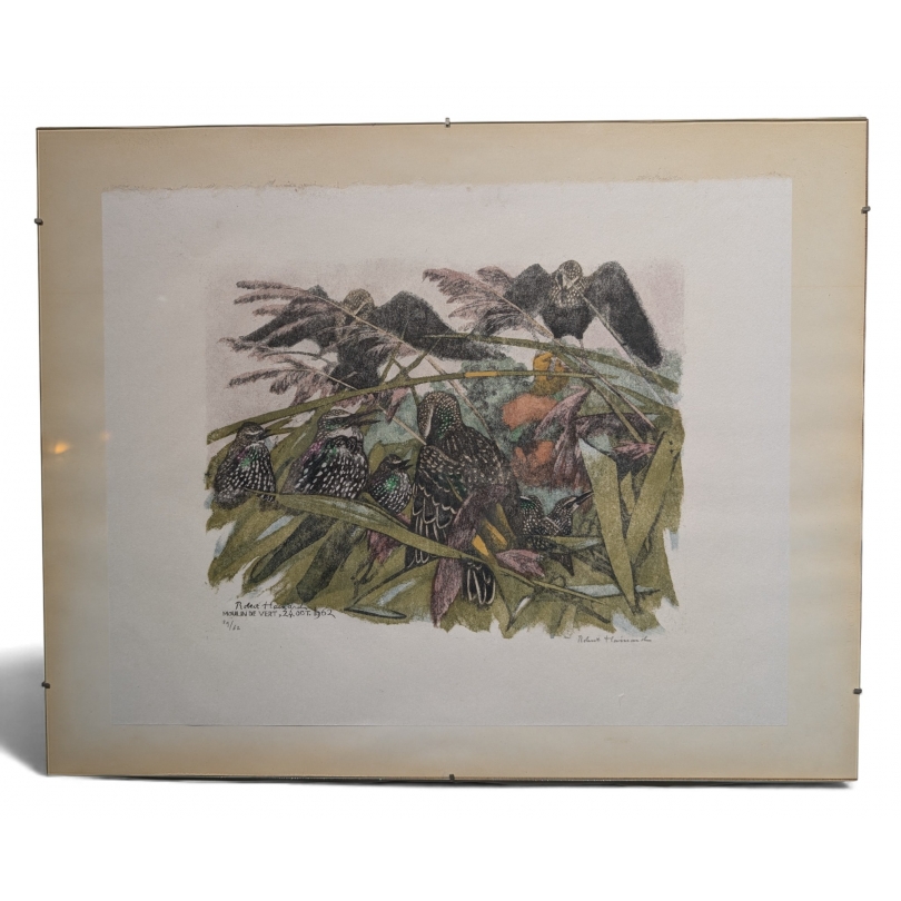 Engraving entitled ‘The Sunset of the Starlings’, signed HAINARD