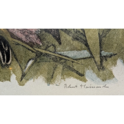 Engraving entitled ‘The Sunset of the Starlings’, signed HAINARD