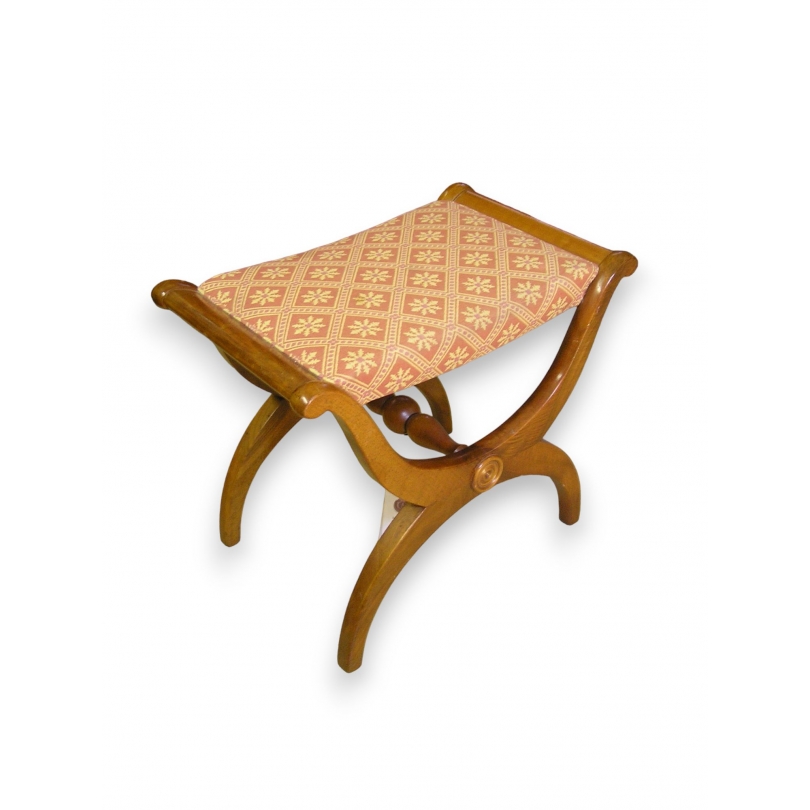Tabouret X en noyer recouvert de tissu