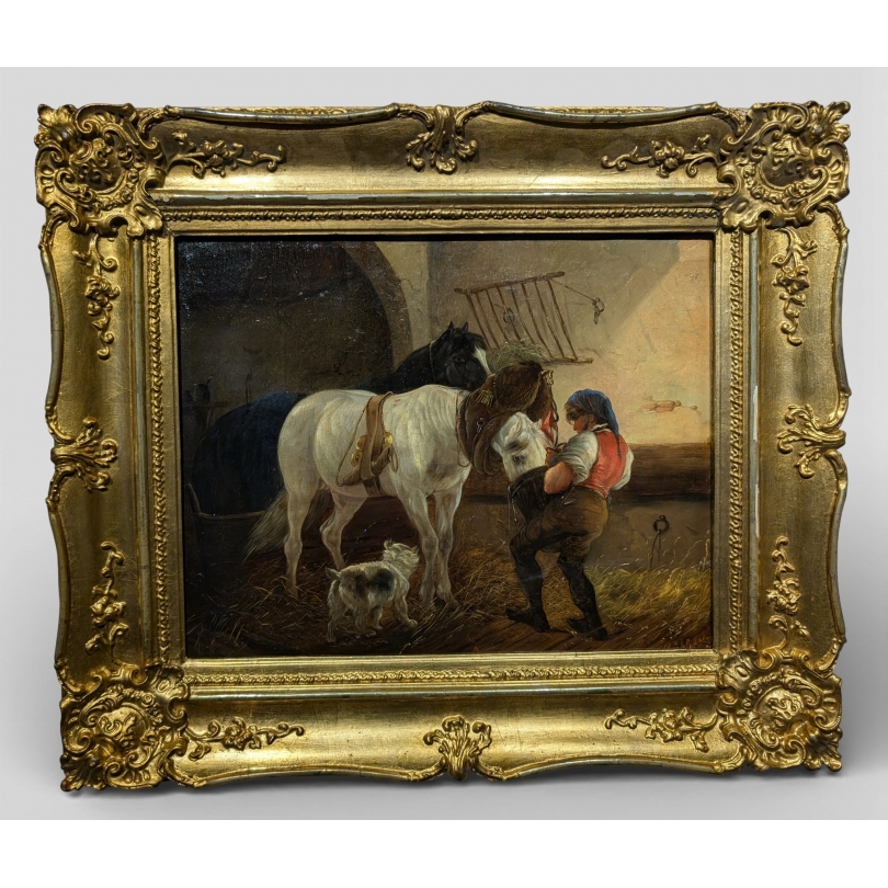 Tableau \"A l\'écurie\" signé KÜBLER L