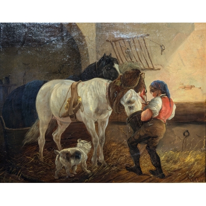 Tableau \"A l\'écurie\" signé KÜBLER L