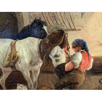 Tableau \"A l\'écurie\" signé KÜBLER L
