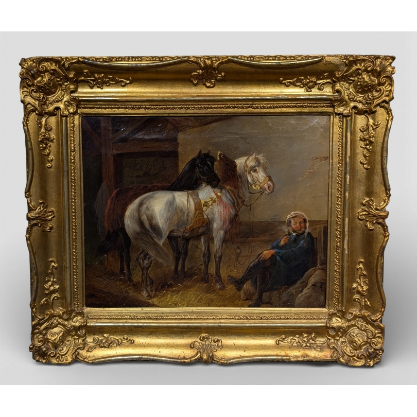 Tableau \"A l\'écurie\" signé AK