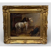 Tableau "A l'écurie" signé AK