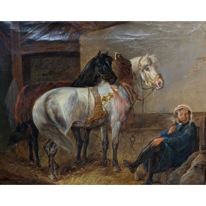 Tableau \"A l\'écurie\" signé AK