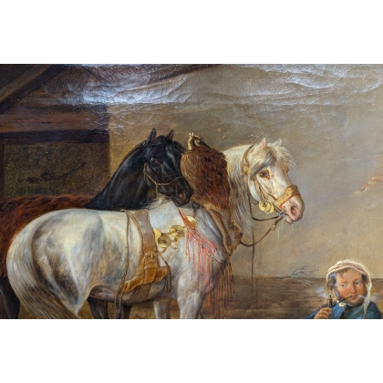 Tableau \"A l\'écurie\" signé AK