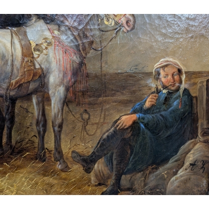 Tableau \"A l\'écurie\" signé AK