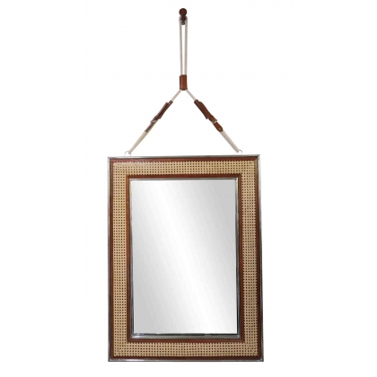 Miroir Palm beach, canné et cuir vintage