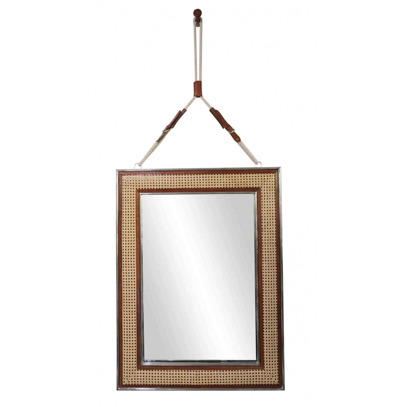 Miroir Palm beach, canné et cuir vintage
