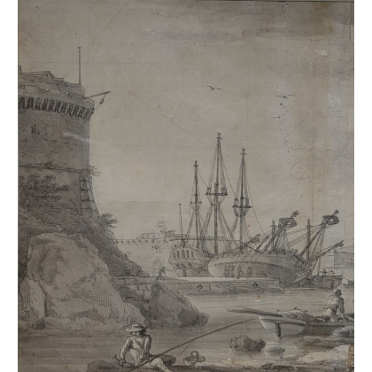 Dessin "Port" attibué à LACROIX DE MARSEILLE