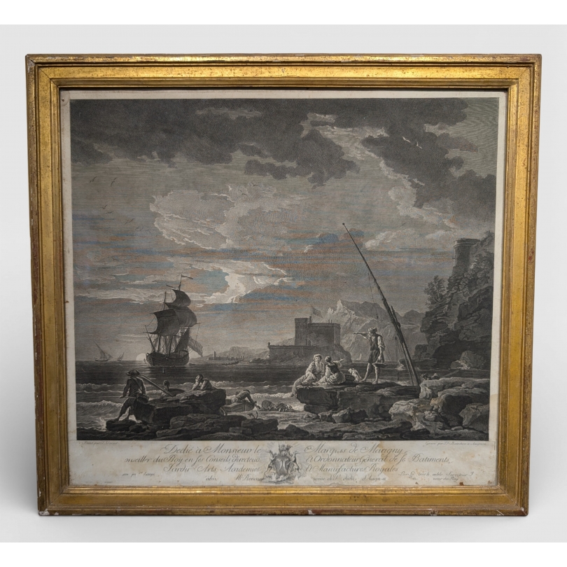 Gravure "Le Calme sur le bord de mer" par VERNET