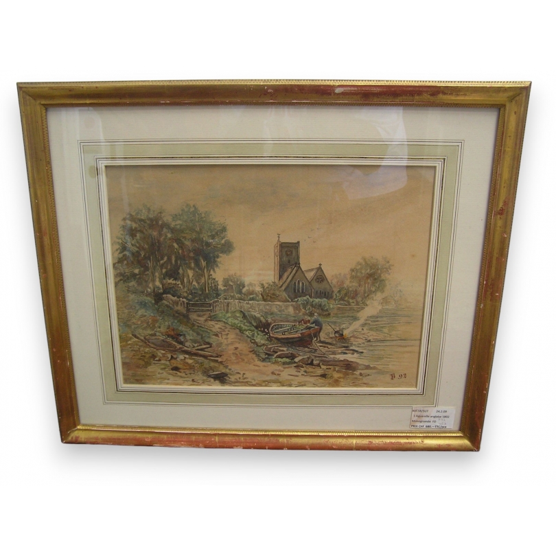 Aquarelle "Bord de rivière" mongramm FD 92  sur Moinat SA  - Antiquités décoration -  Gouaches, Aquarelles, Pastels