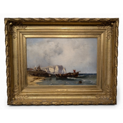 Tableau \"Retour de pêche\" signé C. HOGUET