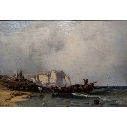Tableau \"Retour de pêche\" signé C. HOGUET