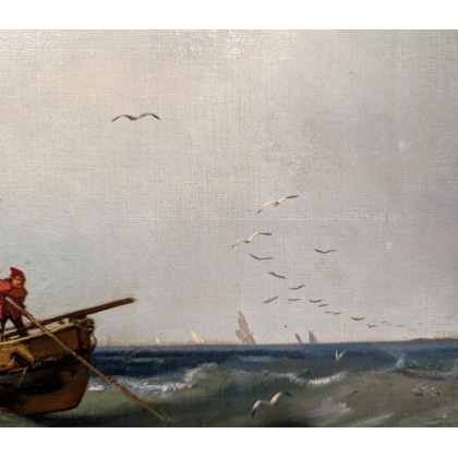 Tableau \"Retour de pêche\" signé C. HOGUET