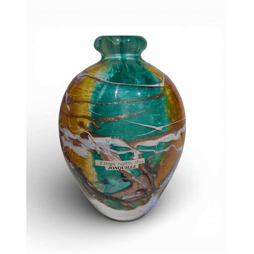 Vase vert et jaune en verre signé LUZORO 00