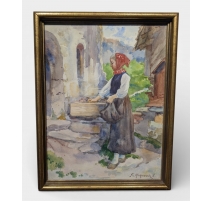 Aquarelle "Valaisanne" signé F. HUGUENIN L